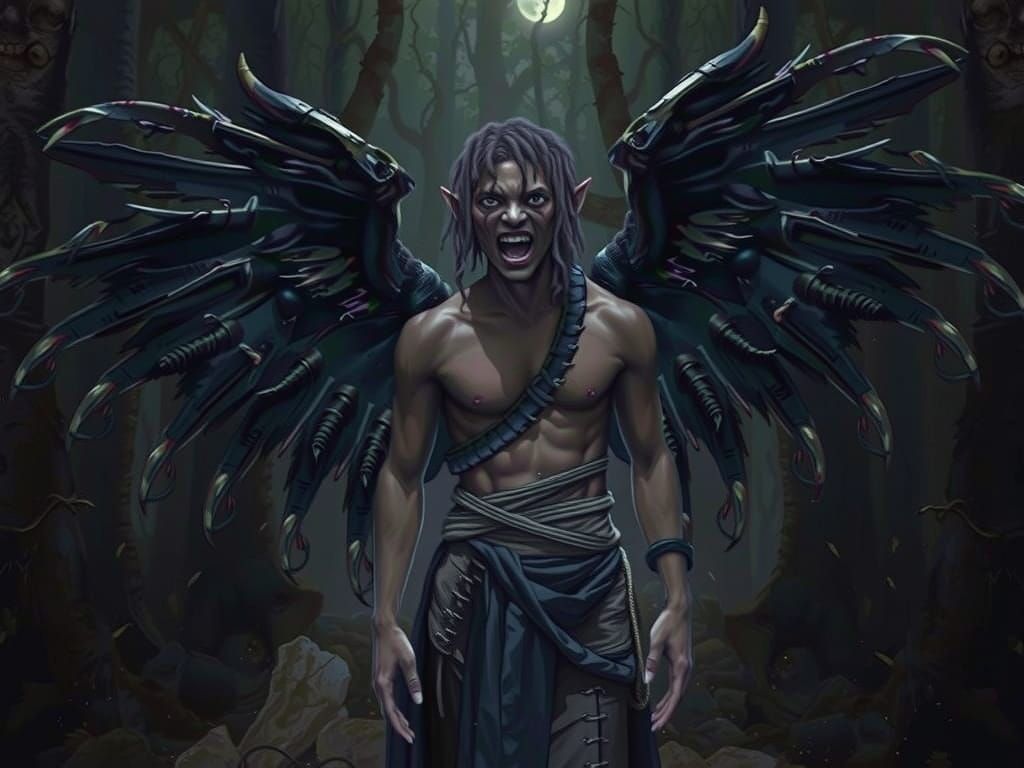 Fallen Angel in Dark Woods, Detailed Digital Art