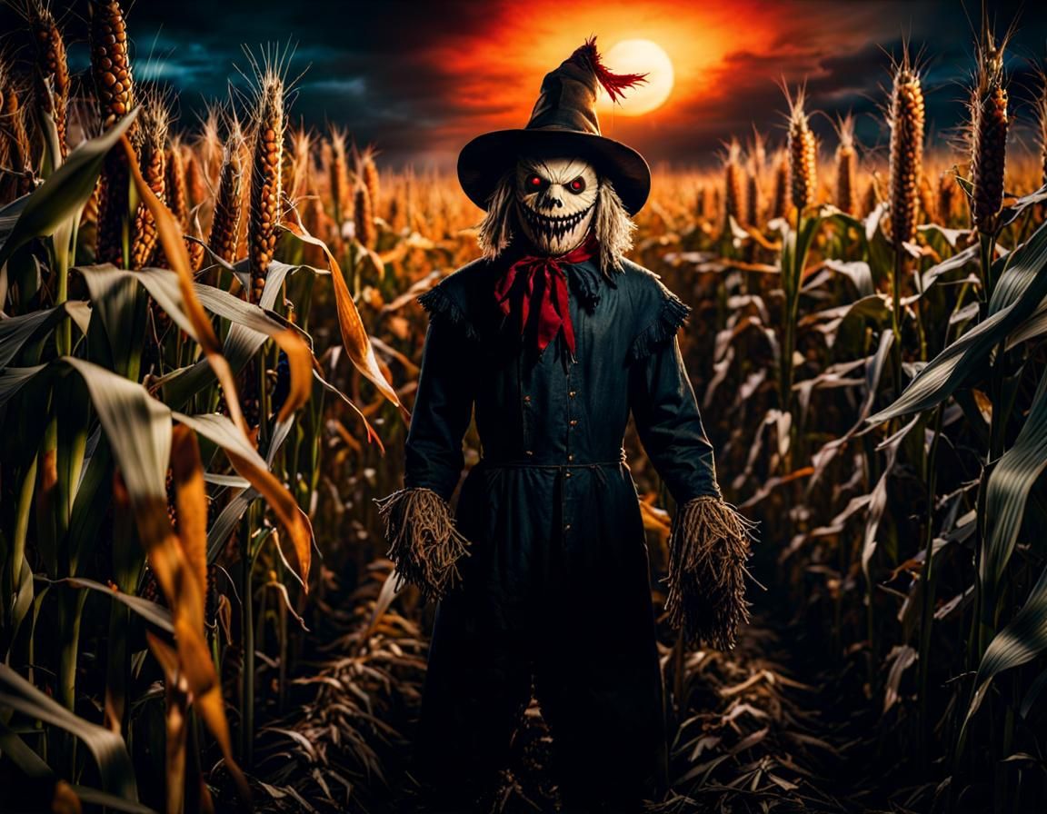 Terrifying Scarecrow with Red Eyes in Cornfield