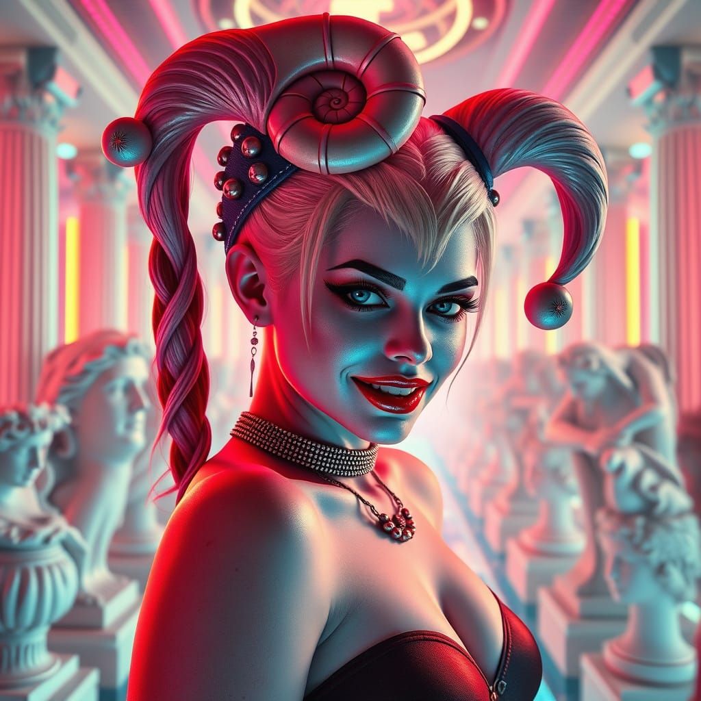 Harley Quinn in Cyberpunk Dreamscape with Nautilus Shell