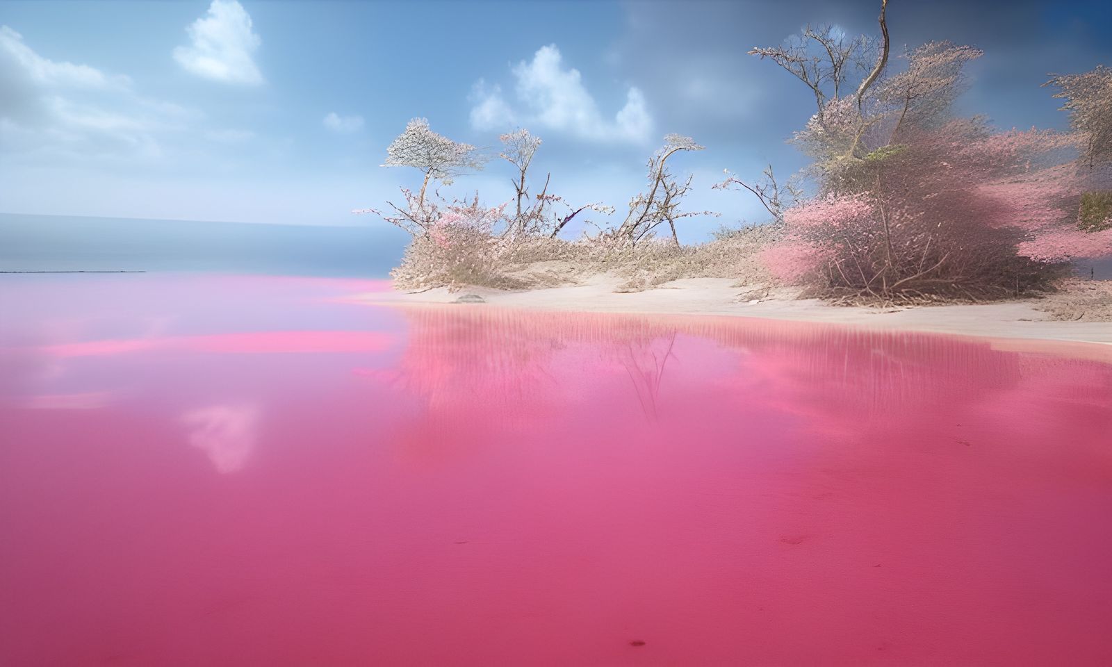 Magical Pink Lake Coast: Intricate Mixed Media Illustration