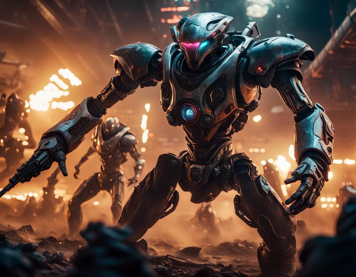 Alien Robot Battle Scene with Dramatic Lighting