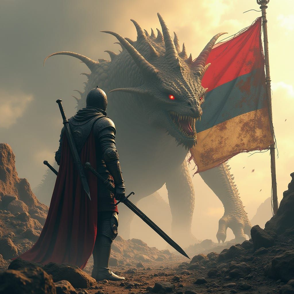 Medieval Warrior Confronts Mutated Dragon Amidst Ruins in Cy...