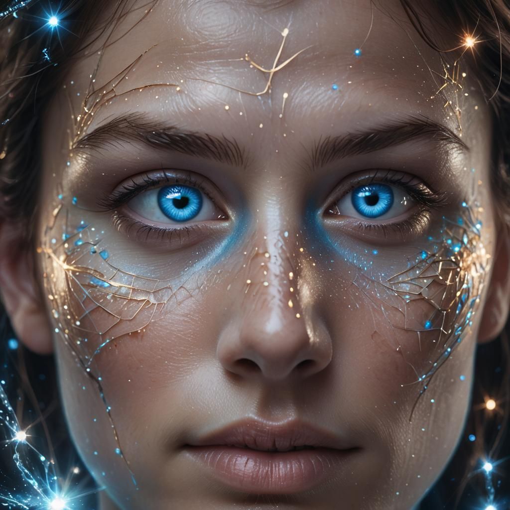Blue Eye Portrait with Glowing Particles in Fantasy Style