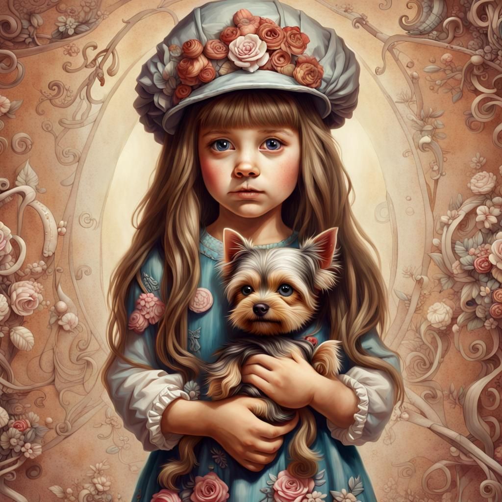 Hyperrealistic Girl with Yorkie in Fantasy Setting