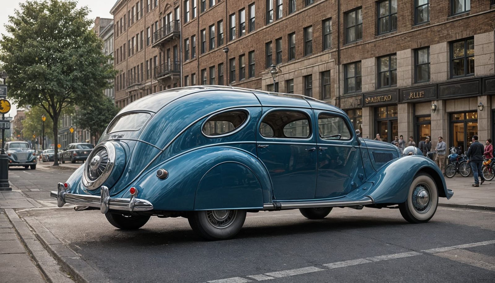 Dymaxion Car in 1930s Futuristic Cityscape