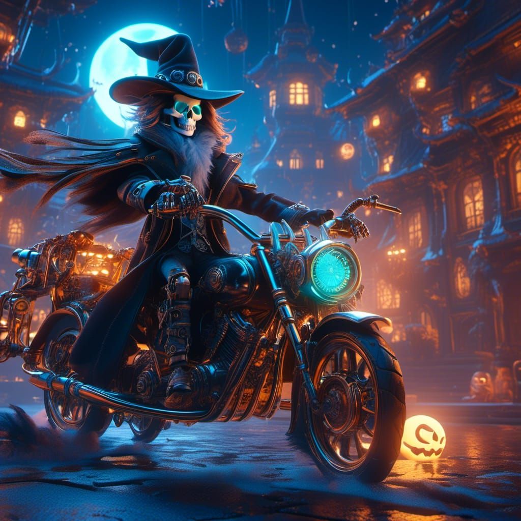Cyberpunk Witch and Cat Soar Past Halloween Moon
