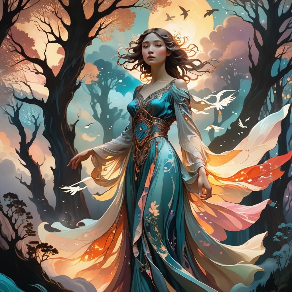 Ethereal Woman in Fairy Wood, Mucha-Inspired Art