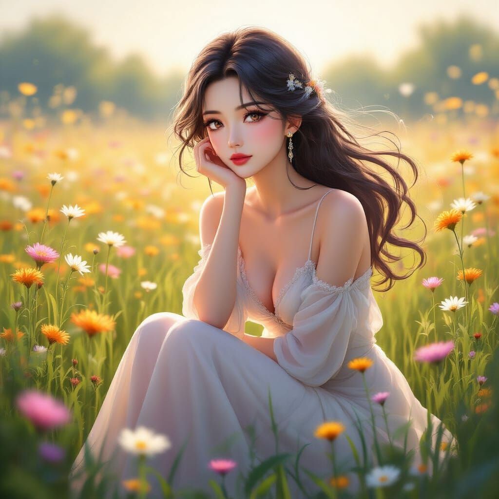 Sensuous Anime Woman in Wildflower Meadow