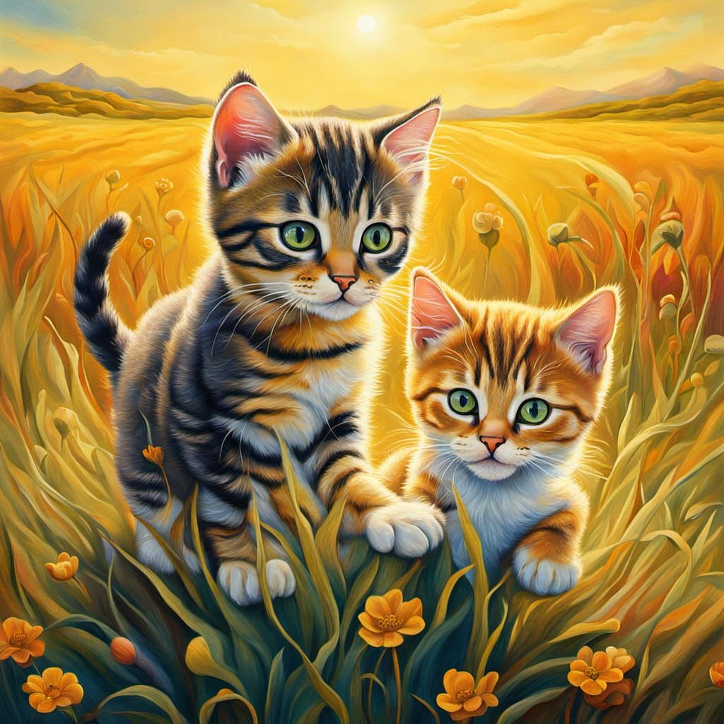 Surreal Kittens Playing in a Dreamy Landscape