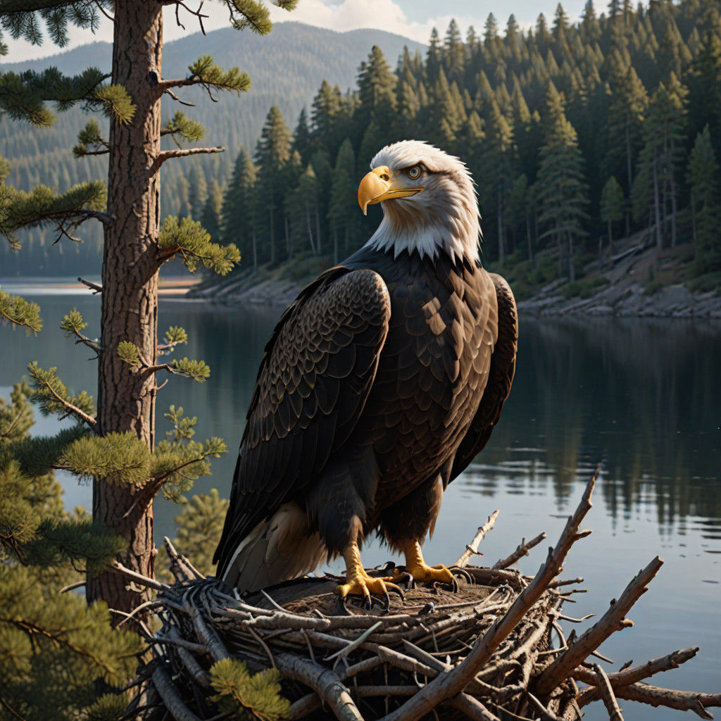 Bald Eagle Perches in Pine Tree Nest