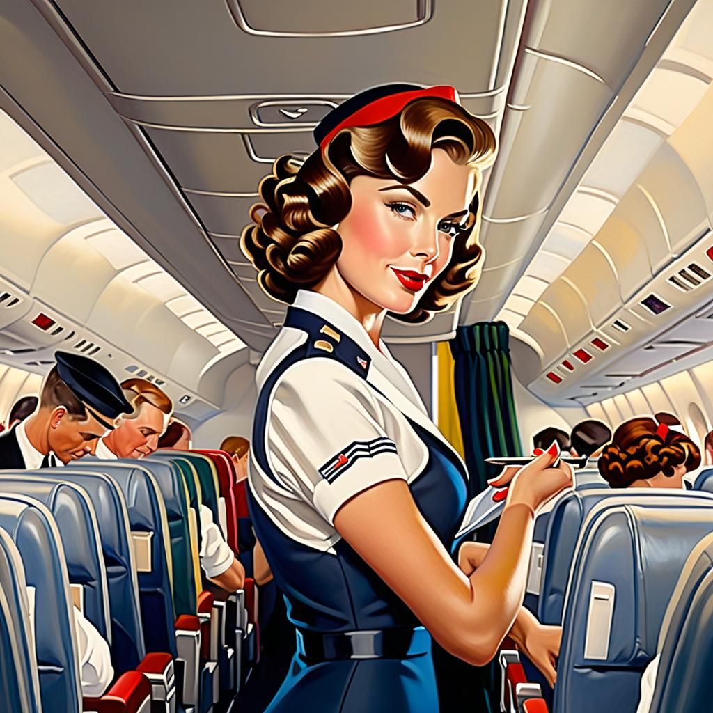 Art Deco Flight Attendant Oil Painting