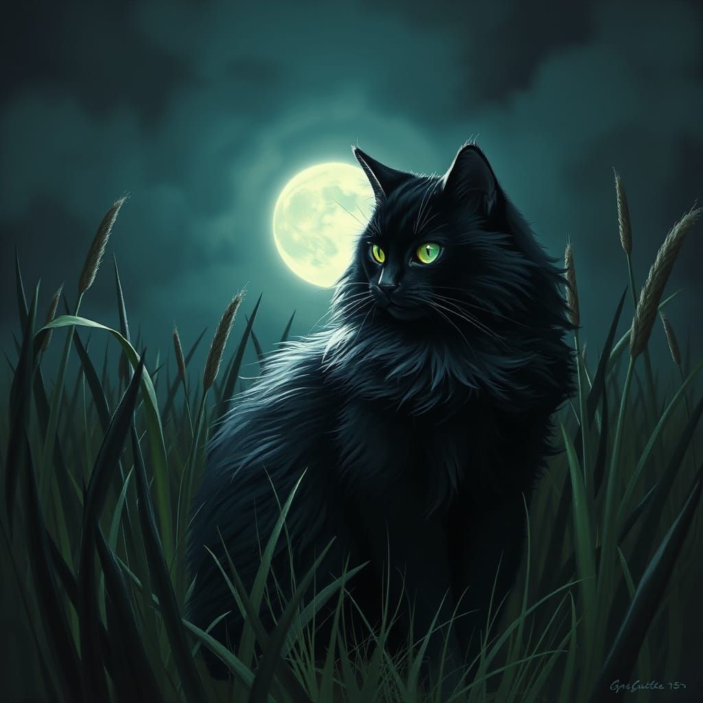 Fluffy Black Cat in Moonlit Grass, Epic Fantasy Style