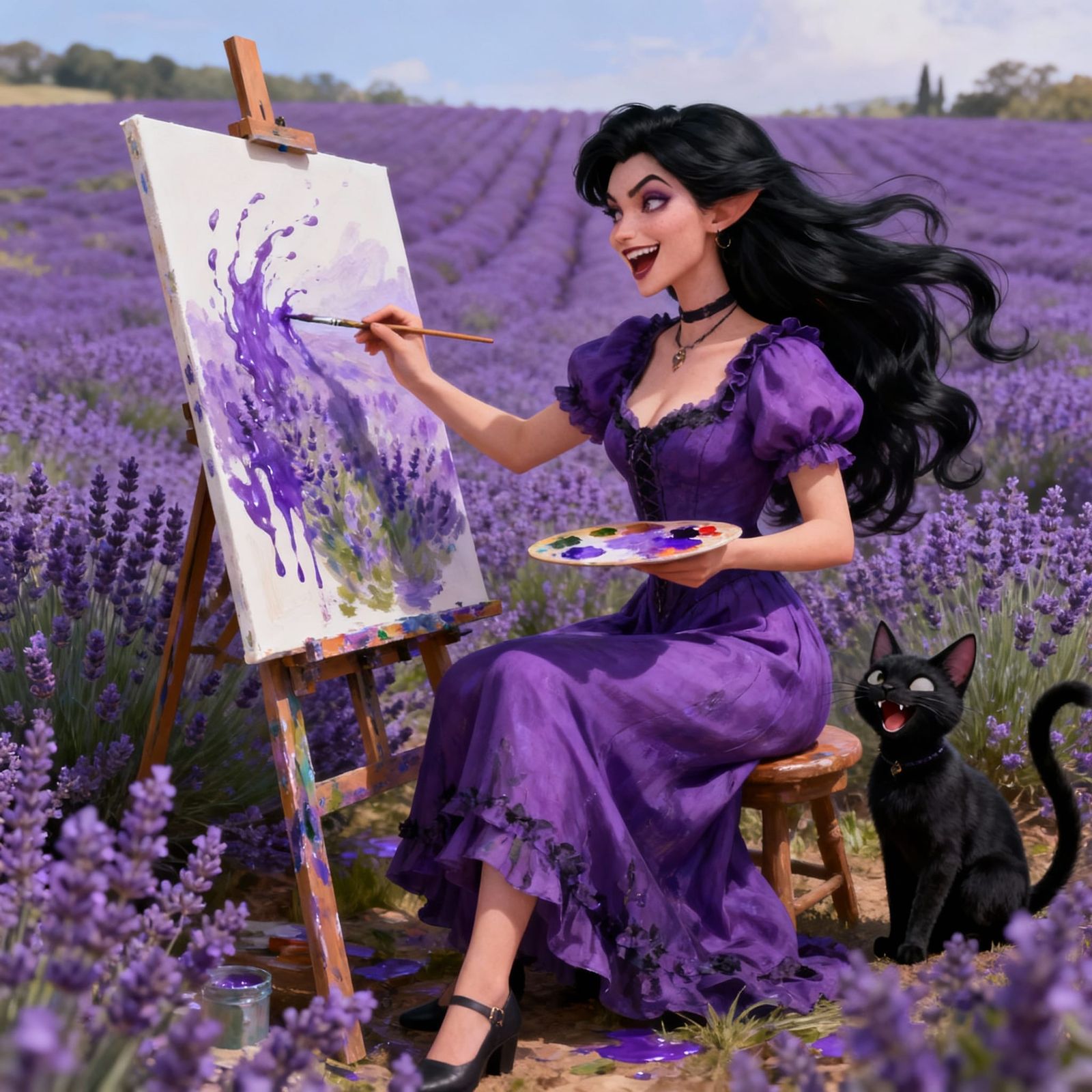 Woman Painting Lavender Field with Laughing Cat in Matte Sty...