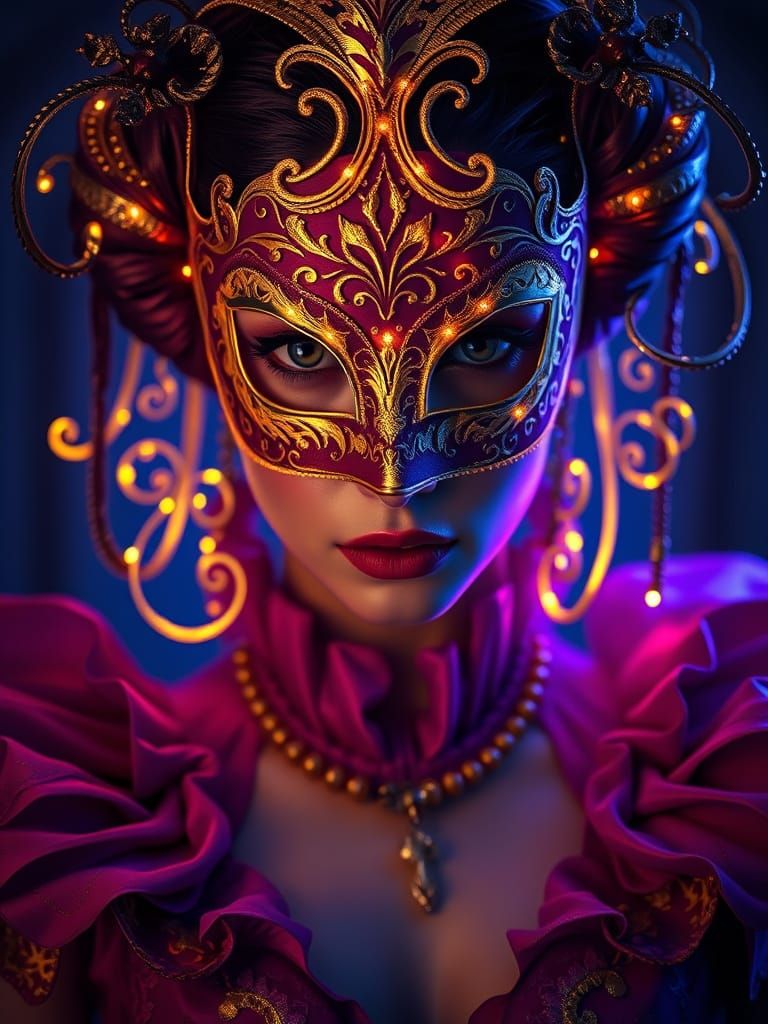 Mysterious Woman in Baroque Gown and Venetian Mask