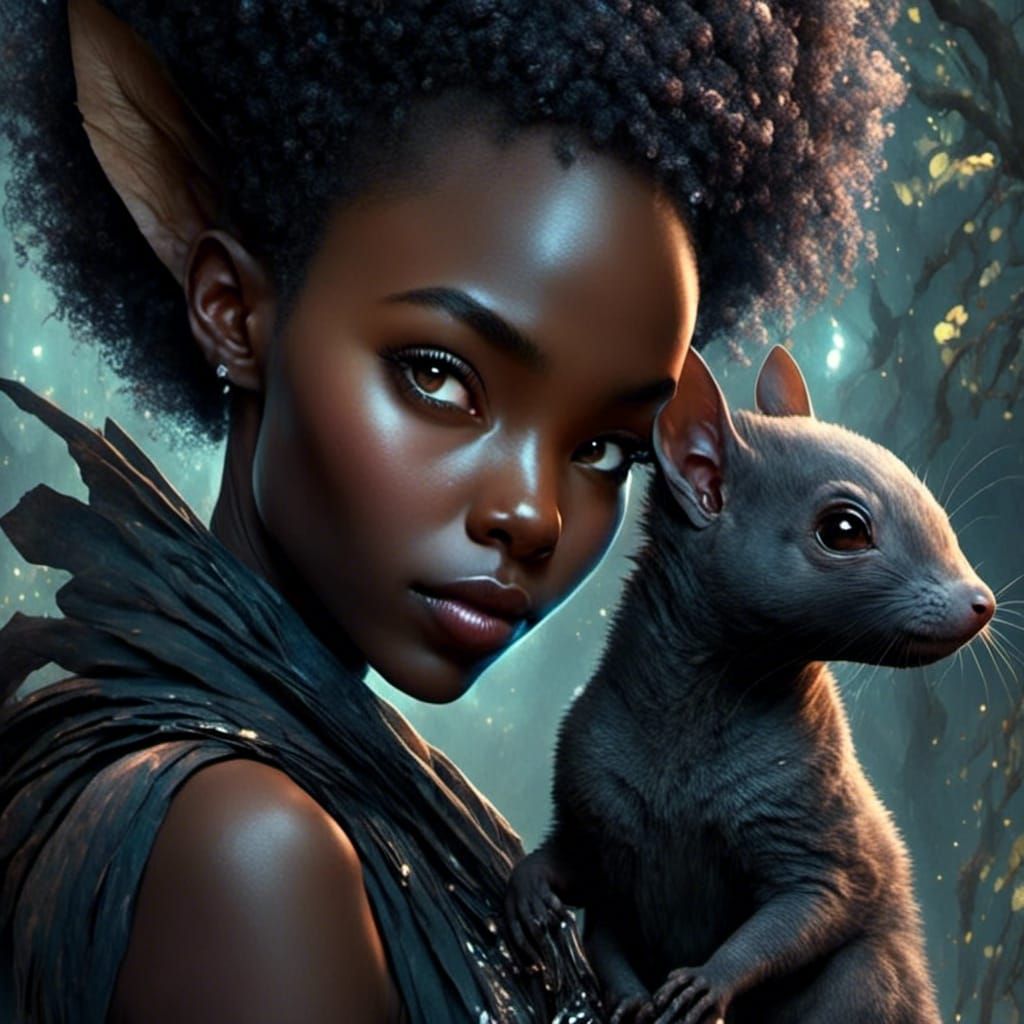Senegalese Goblin with Bat-Squirrel in Enchanted Forest