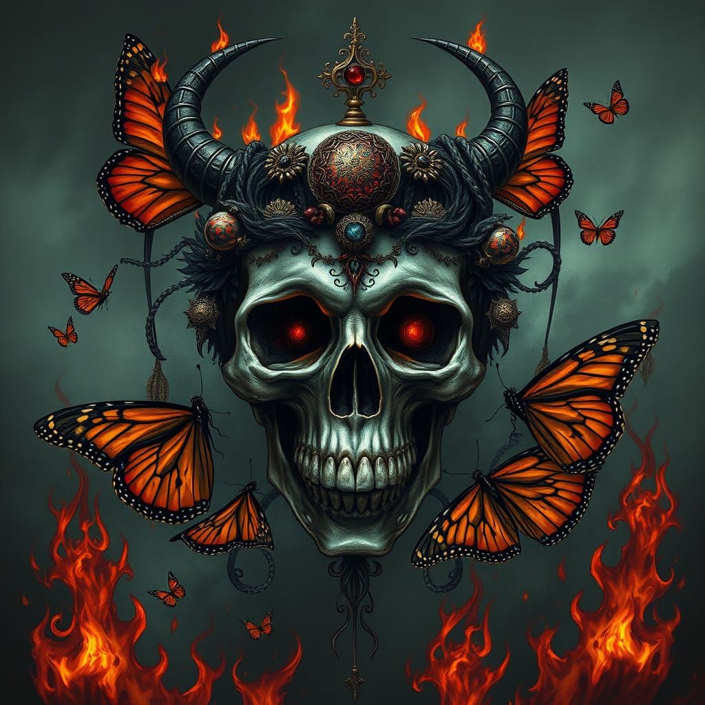 Victorian-Inspired Skull in Hellish Flames with Monarch Butt...
