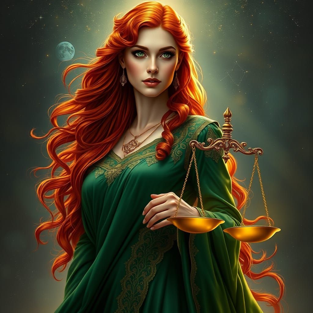 Regal Fantasy Woman with Fiery Red Hair and Emerald Gown