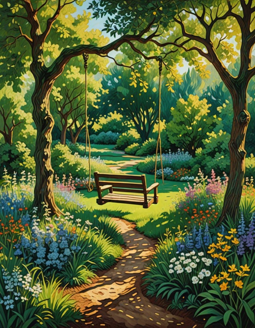 Vibrant Garden Scene with Rope Swing in Whimsical Van Gogh S...