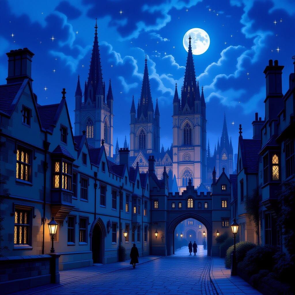 Mystical Oxford University at Dusk in Fantasy Style