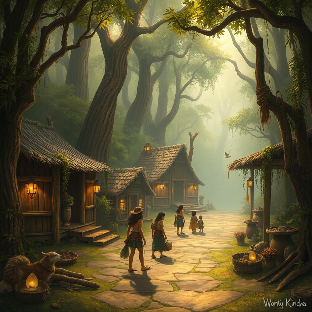 Forest Tribe in Lush Canopy with Mystical Lighting