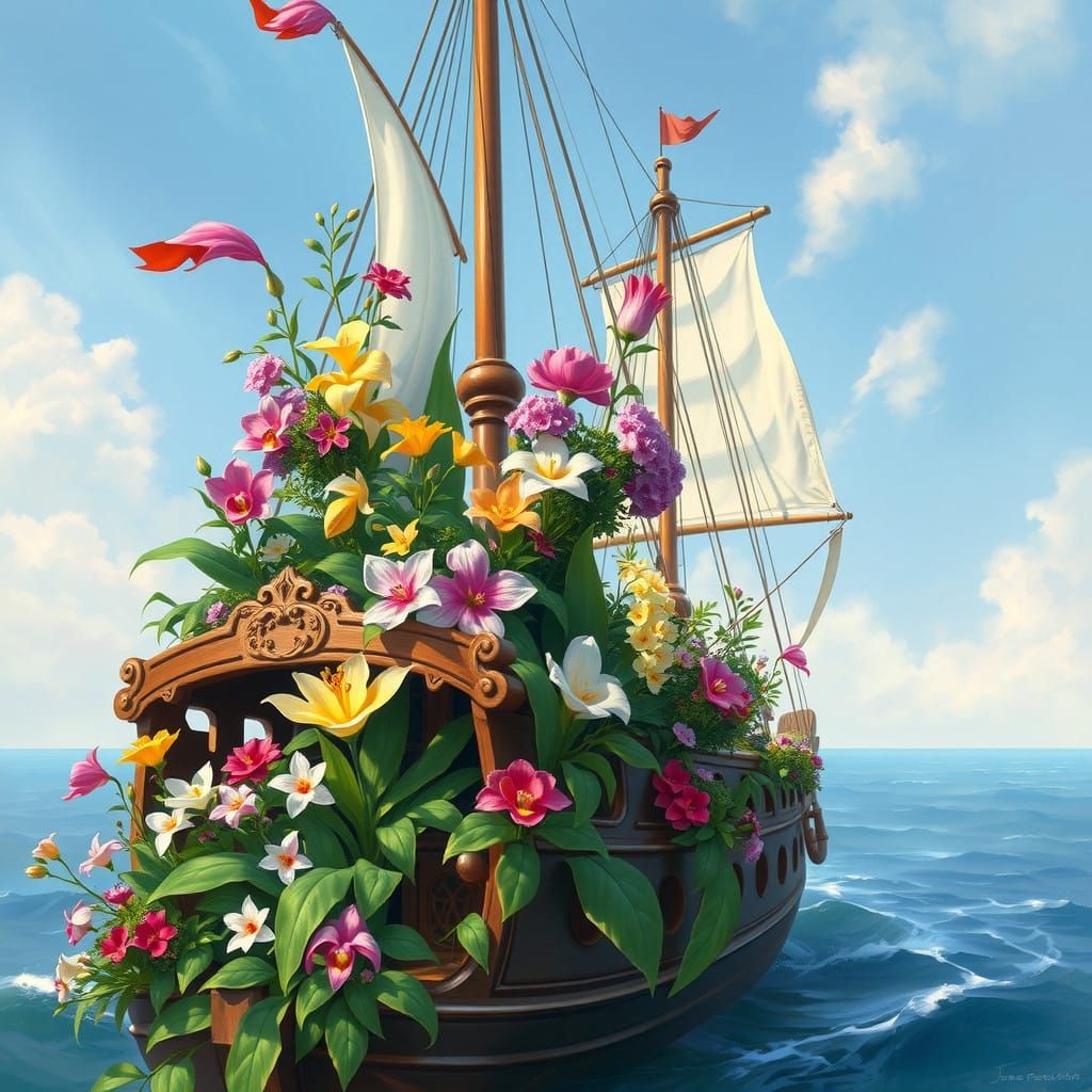 Vibrant Exotic Flowers Bloom on a Majestic Sea Ship in Impre...