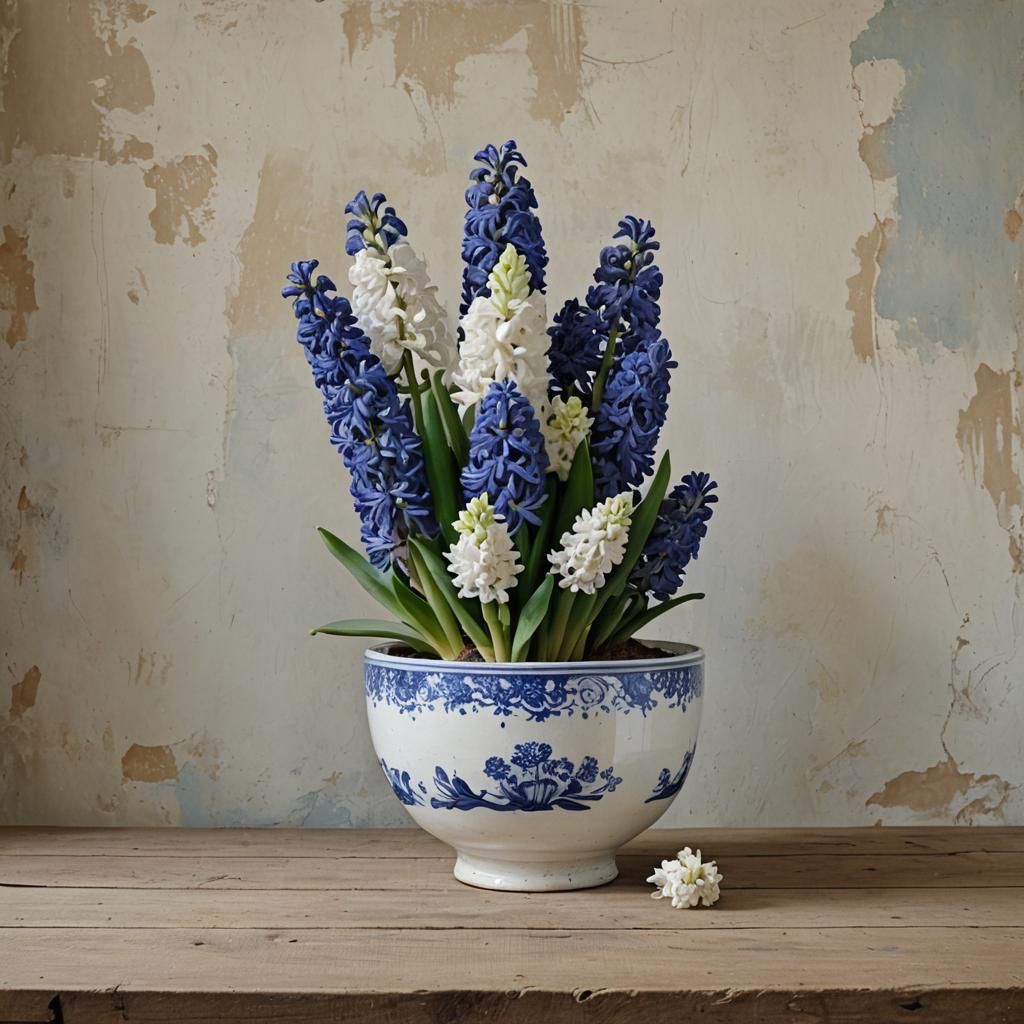 Photorealistic Hyacinths in Blue and White Bowl