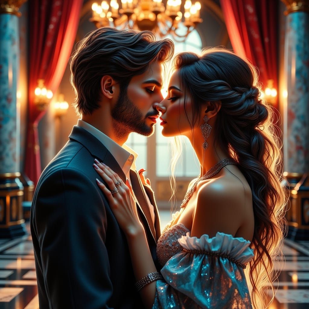Elegant Couple in Passionate Kiss, Dark Portraits Style