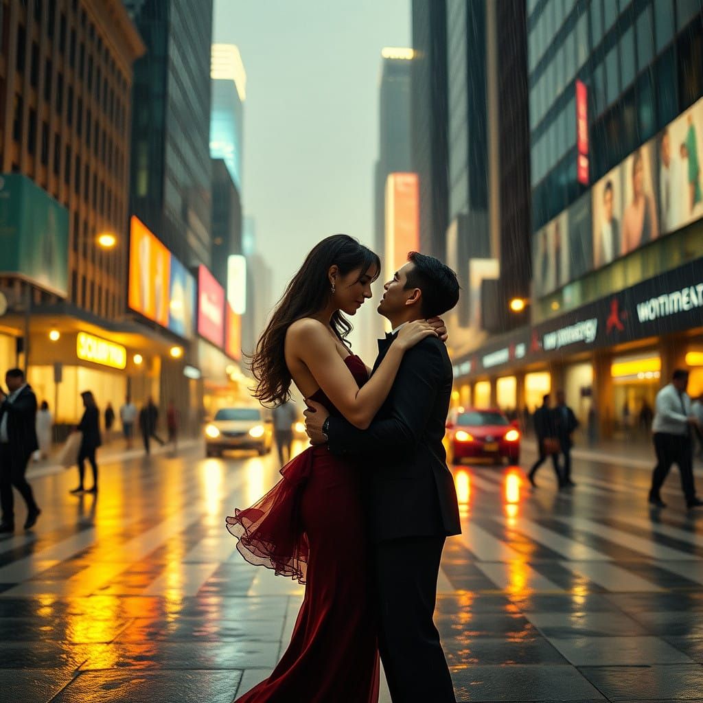 Romantic Couple Embracing in Rainy City Night