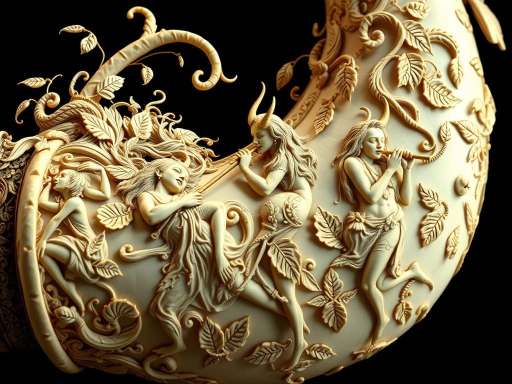 An ivory drinking horn engraved with dancing dryads and satyr pipe players