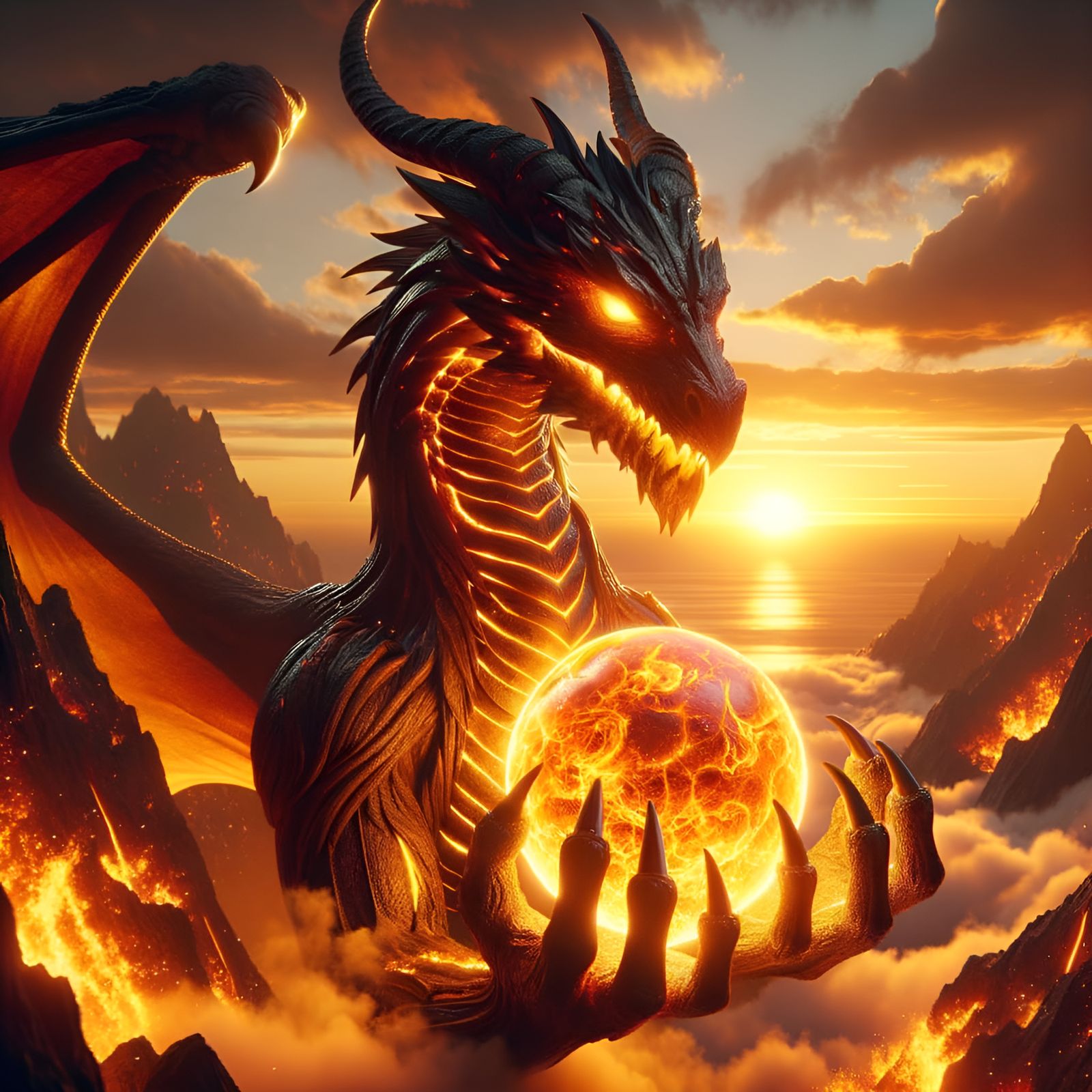 photorealistic molten lave fire dragon holding a yellow, orange fiery glowing orb, sunset background, epic, cinematic, 1...
