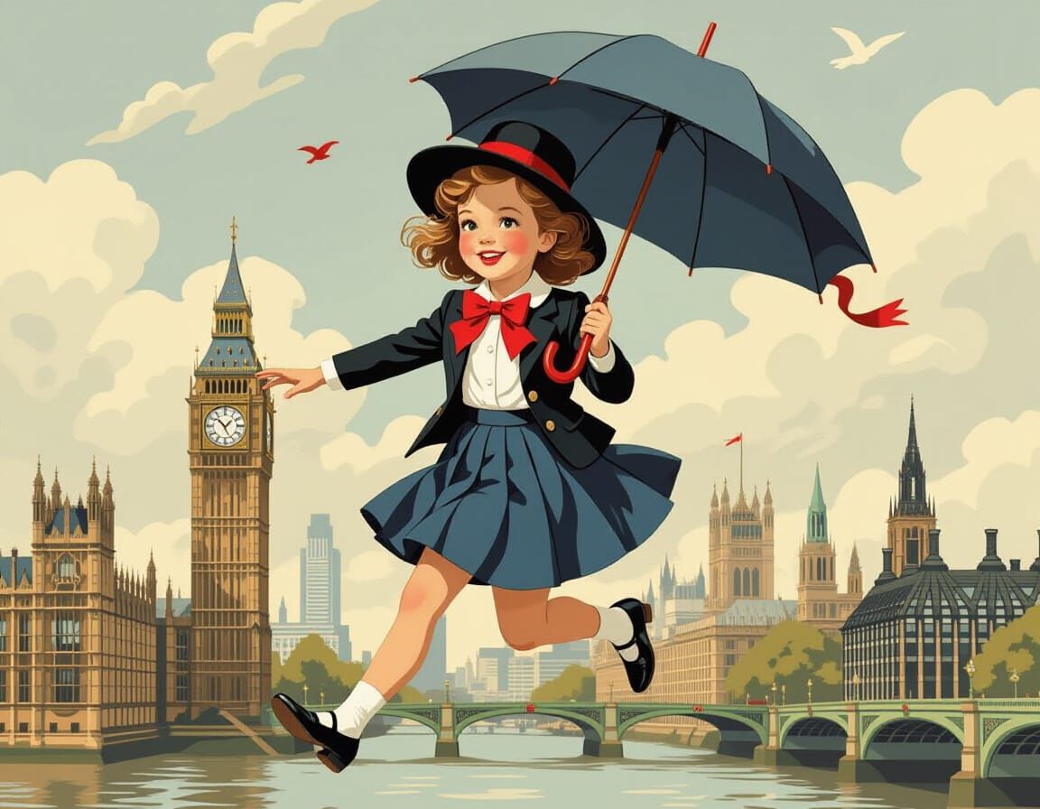 Girl's Whimsical Flight over London in Pin-Up Style