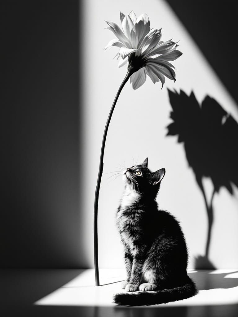 Noir Kitten Gazes at Flower in Soft Light