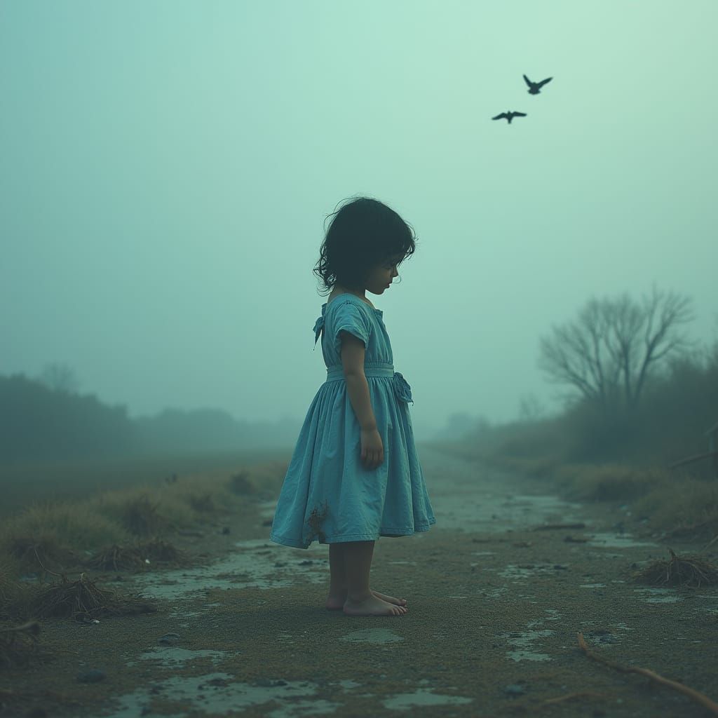 Melancholy Child in Desolate Landscape, Digital Matte Painti...