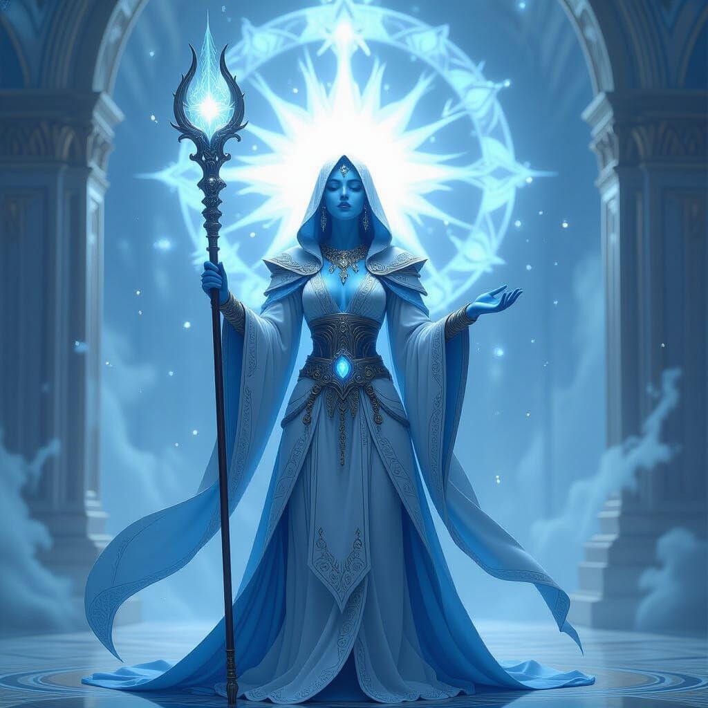 Draenei Priestess Meditating in Ethereal Art Nouveau Style