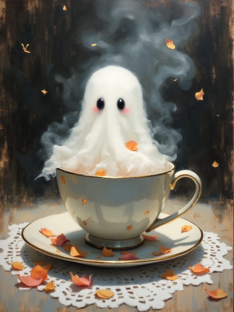 Cute Ghost in Teacup Oil Painting with Ethereal Glow