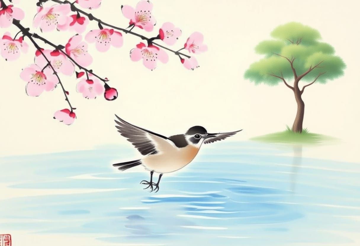 Japanese Ink Wash Painting of Spring Bird and Summer Bird