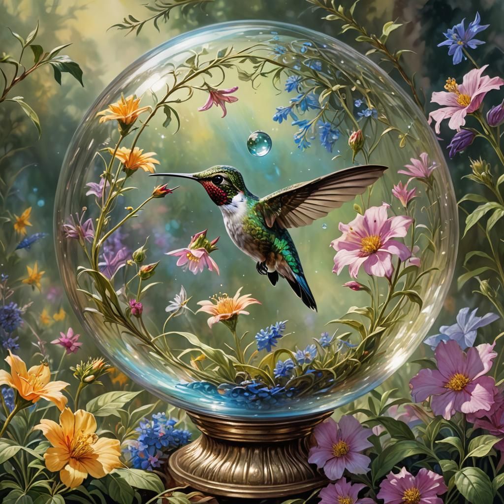 Hummingbird and Wildflower in Glass Orb Painting