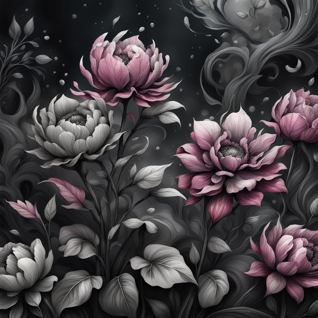 Detailed Ink Drawing of Flowers and Leaves