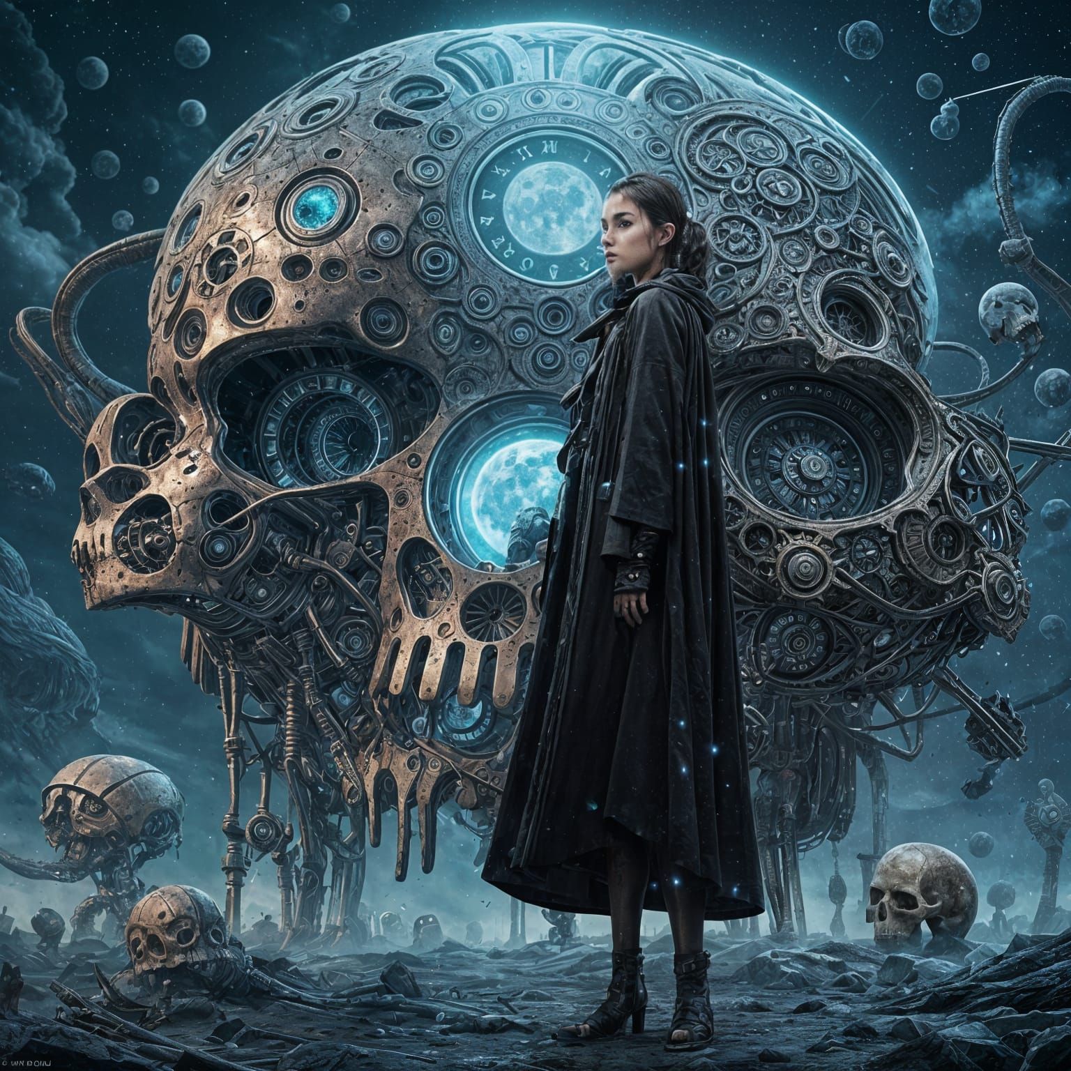 Surreal Sci-Fi Skull with Clock and Moon