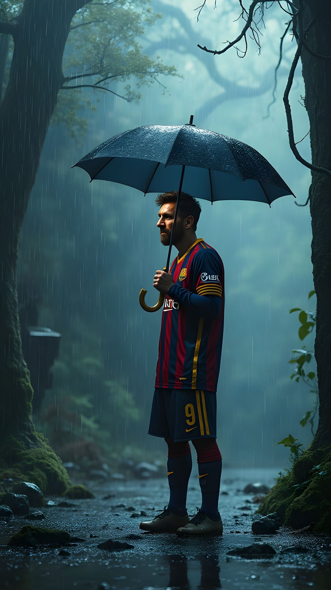 Messi in Rain with Tiny Umbrella