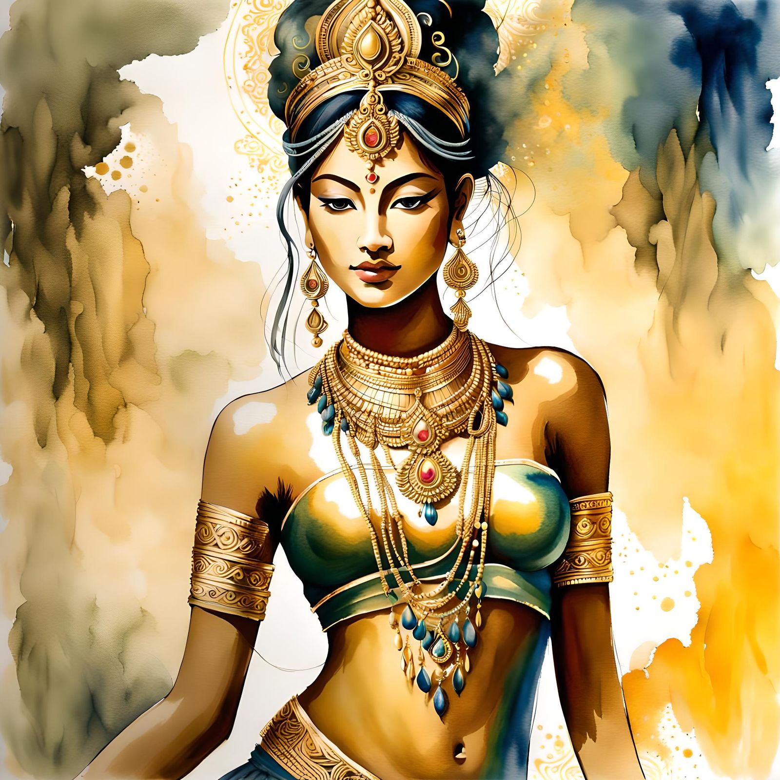 Ethereal Apsara: Celestial Dancer in Ink and Watercolor