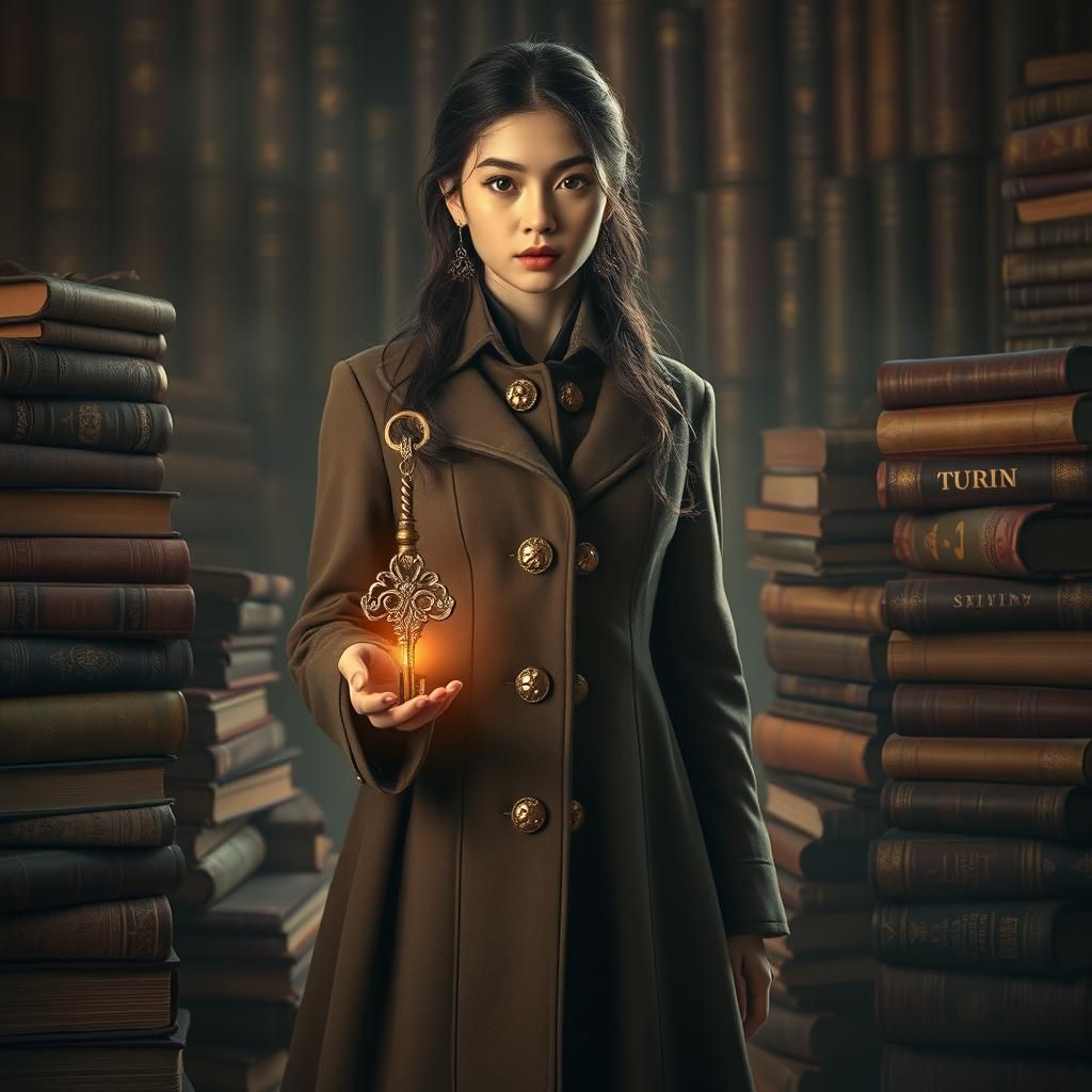 Woman with Key Amidst Ancient Books, Mystical Art