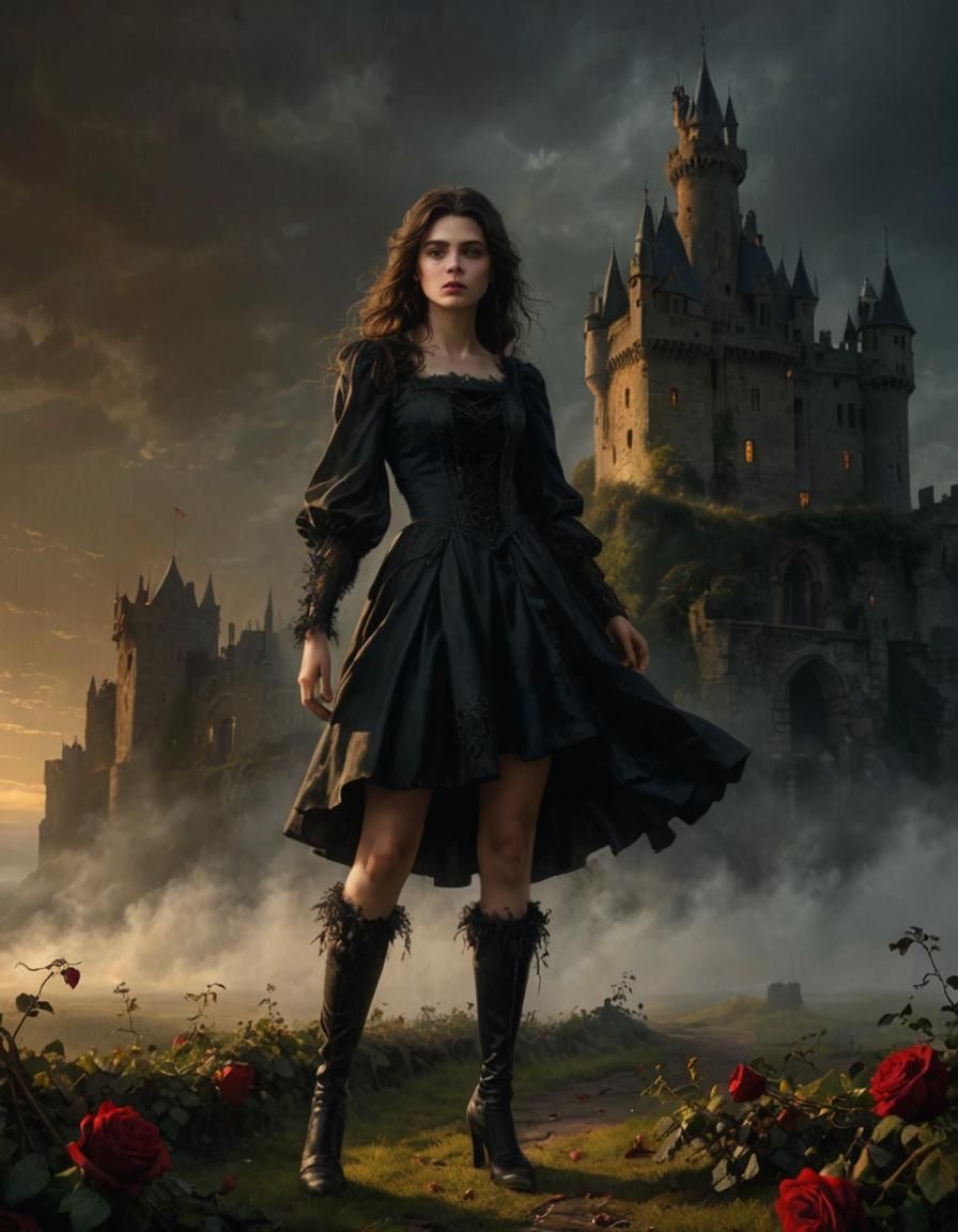 Renaissance Woman in Castle Antechamber, Oil Painting