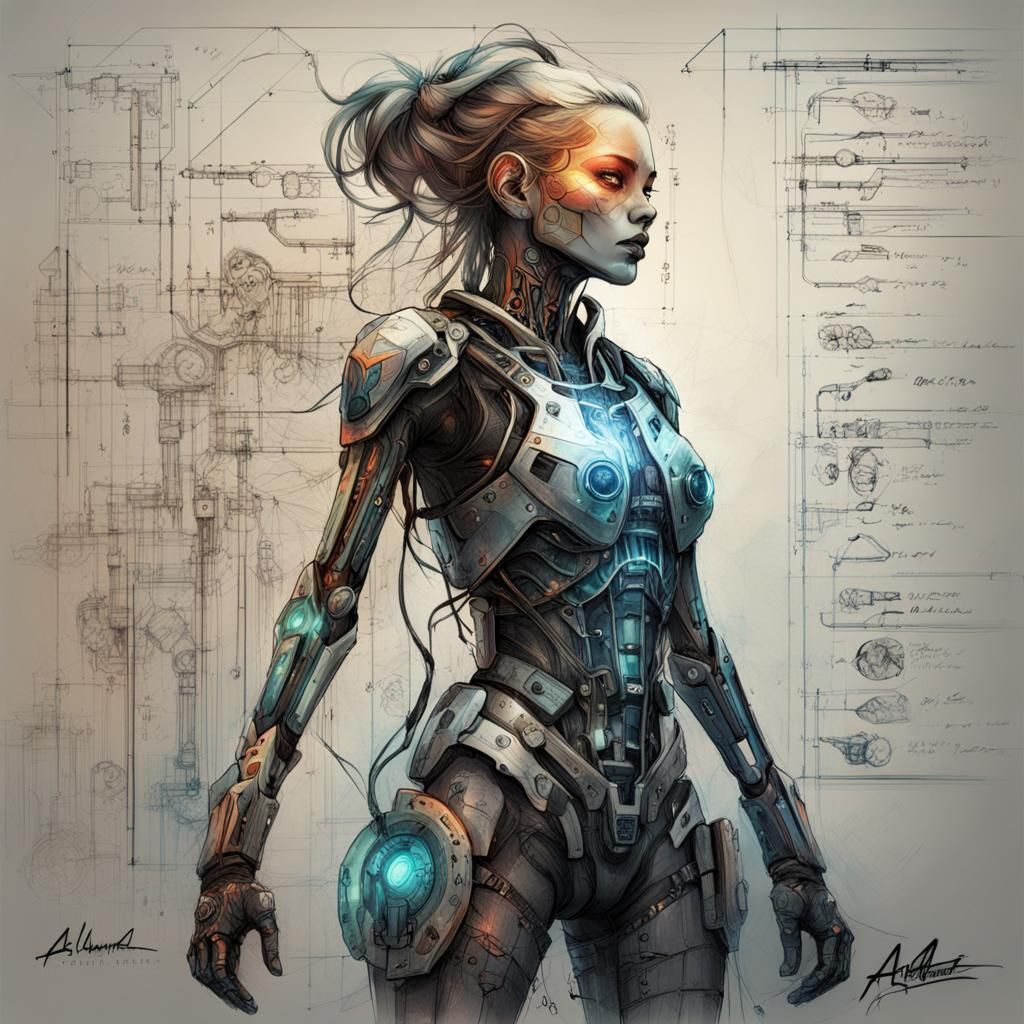 Anime Cyborg with Iridescent Biomechanical Exoskeleton