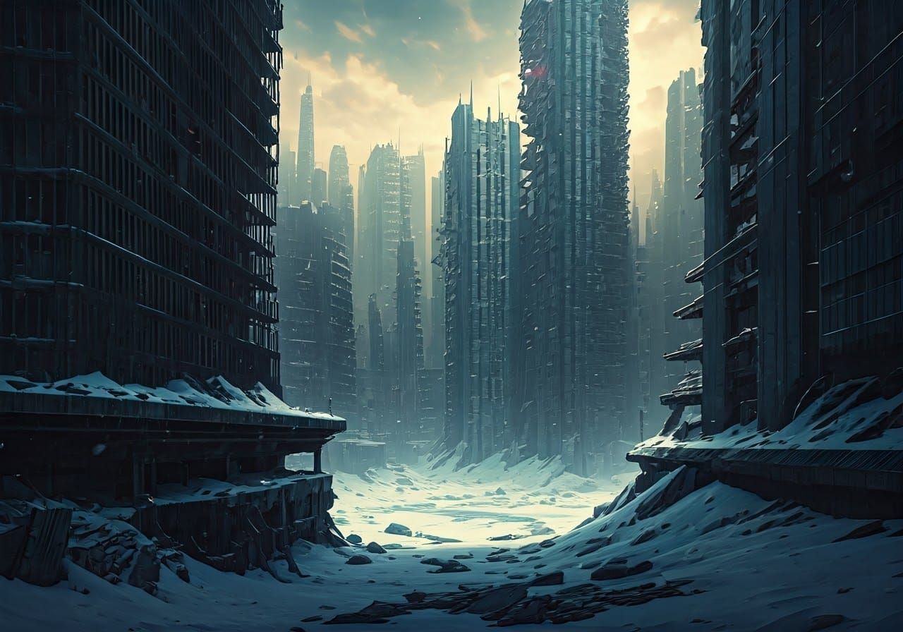 Frozen Dystopian Metropolis in Cyberpunk Style