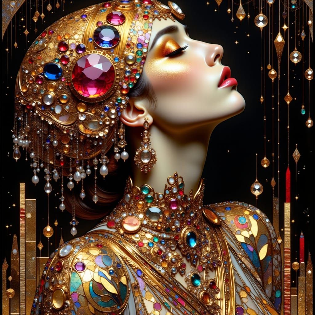 Ethereal Art Deco Goddess with Radiant Rubies and Pearls