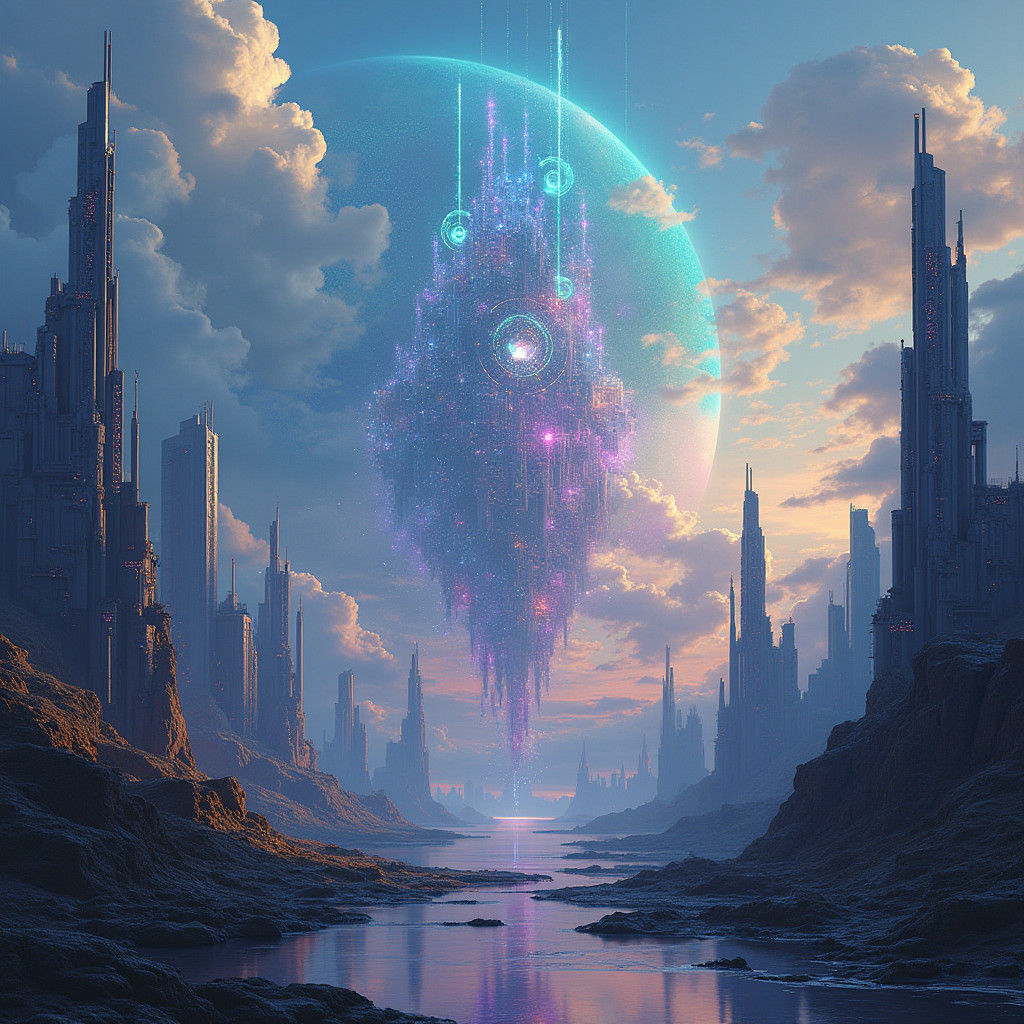 Futuristic Cityscape with Towering Base Stations in Cyberpun...