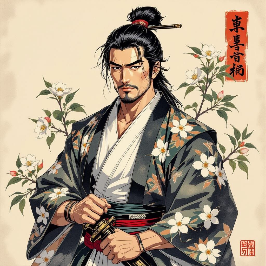 Muscled Samurai in Ukiyo-e Style With Jasmine Scent