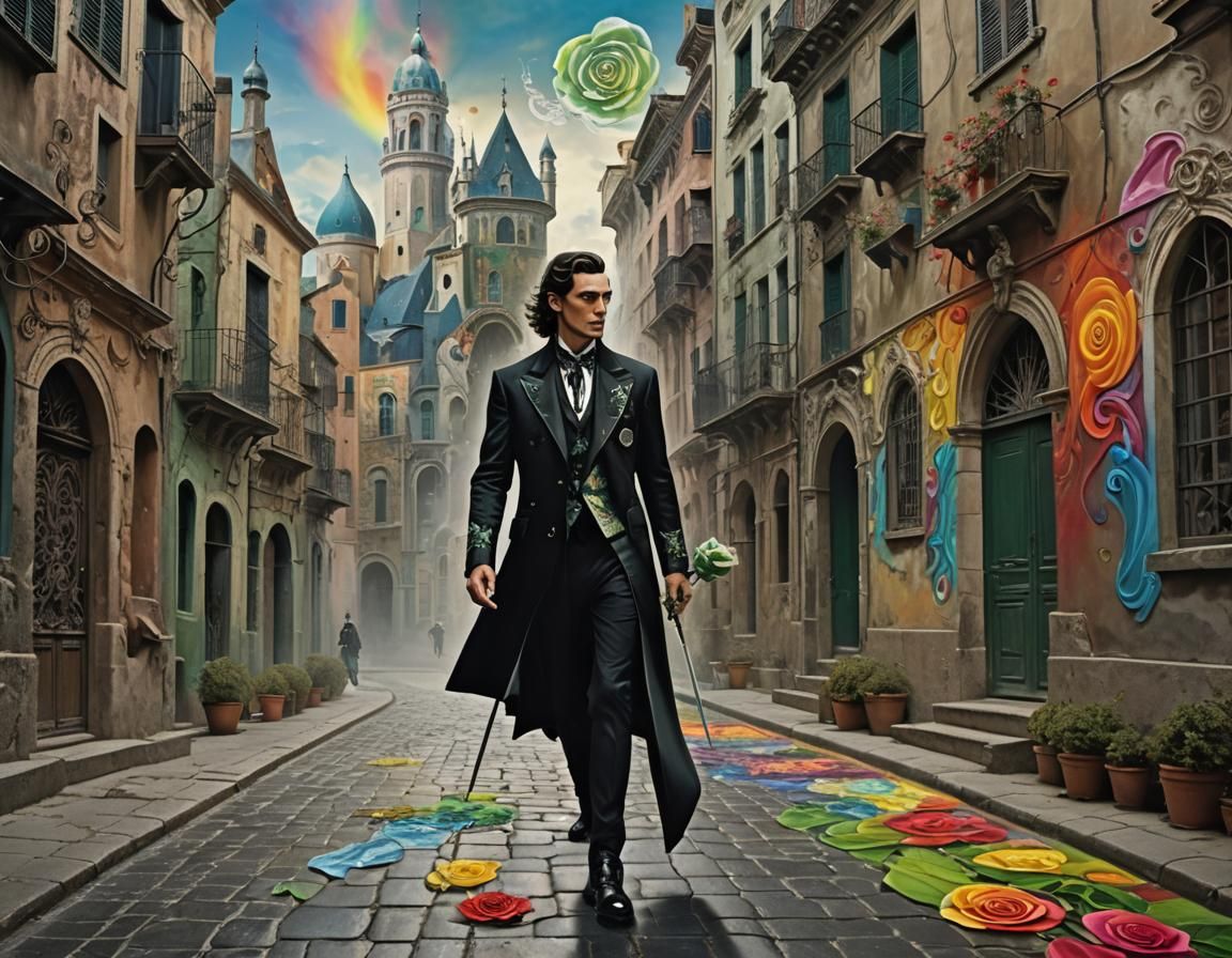 Surrealist Man Walks Through Melting Architecture