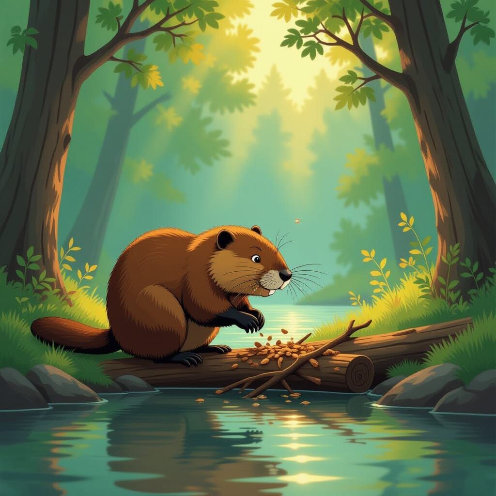 Majestic Beaver Contemplates Riverbank in Ghibli-Andrei Rubl...